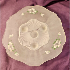 VTG Lancaster Frosted Depression Glass Shallow 3-Footed Dish Hand Painted Flower
